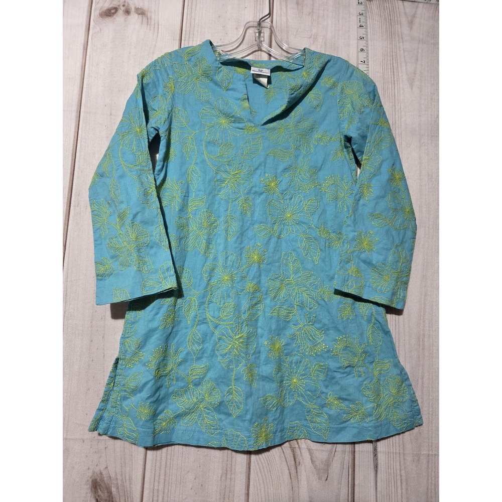 Florence Eiseman Dress Girls 8 Blue Green Embroidered Floral Tunic V-Neck Cotton